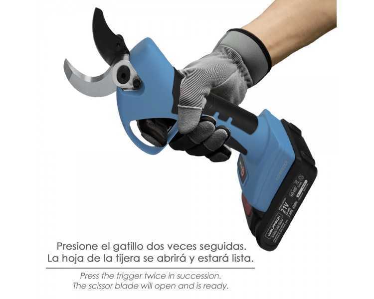 Tijeras Podar A Bateria 21 Volt. Con 2 Baterias 2 A/h Mango Engomado, Ø Corte 40 mm.Con Maletín