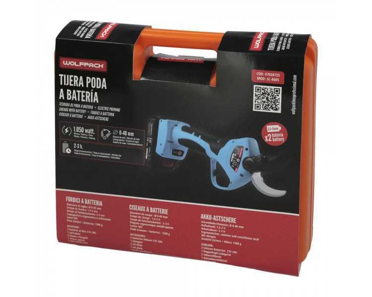 Tijeras Podar A Bateria 21 Volt. Con 2 Baterias 2 A/h Mango Engomado, Ø Corte 40 mm.Con Maletín