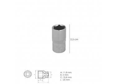 Llave Vaso 1/4" Hexagonal 8 mm. Perfil de 6 caras. Acero Cromo Vanadio, Aristas Redondas