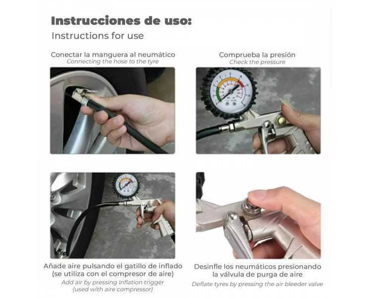 Pistola Para Inflado De Neumáticos Con Manometro, Inflador de Neumaticos, Pistola Aire Comprimido Neumaticos, Pistola Compresor