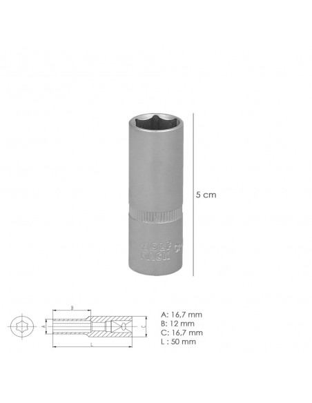 Llave Vaso 1/4" Hexagonal Larga 12 mm. Perfil de 6 caras. Acero Cromo Vanadio, Aristas Redondas