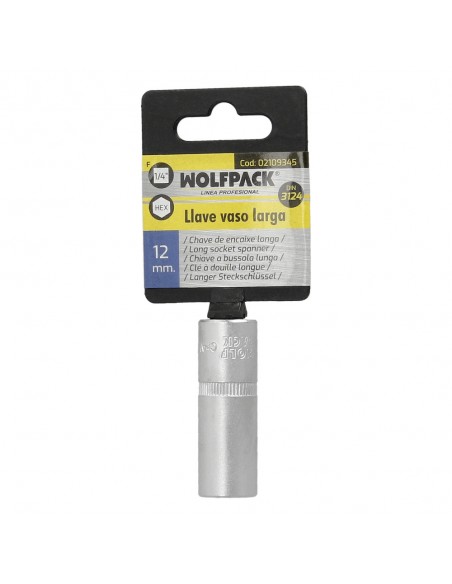 Llave Vaso 1/4" Hexagonal Larga 12 mm. Perfil de 6 caras. Acero Cromo Vanadio, Aristas Redondas