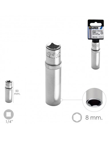 LLave Vaso Larga 1/4" / 8 mm. Hexagonal. / Longitud 50 mm. Realizada en Acero Cromo Vanadio