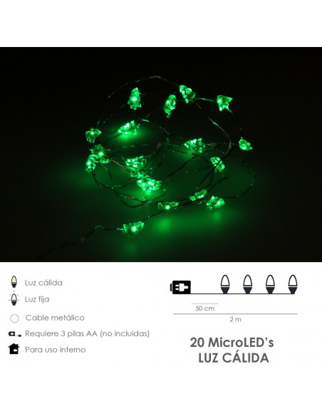 Guirnalda Luces Navidad Arboles 20 Leds Color Verde. Luz navidad interiores IP20 A Pilas 3AA (No Incluida)
