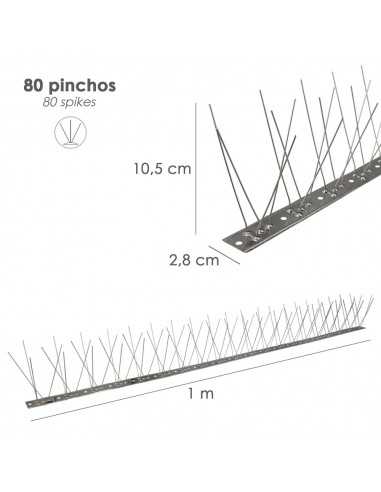 Pincho Anti Palomas / Pajaros 1 Metro Inoxidable Pincho Doble 80 Pinchos. Adaptable a Varias Posiciones