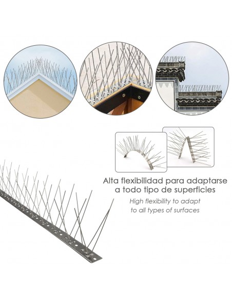 Pincho Anti Palomas / Pajaros 1 Metro Inoxidable Pincho Doble 80 Pinchos. Adaptable a Varias Posiciones