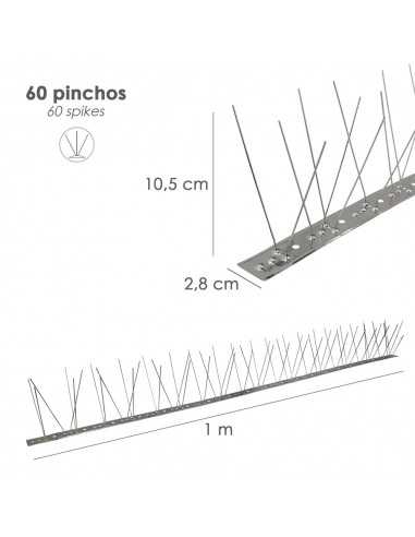Pincho Anti Palomas / Pajaros 1 Metro Inoxidable Pincho Doble 60 Pinchos. Adaptable a Varias Posiciones