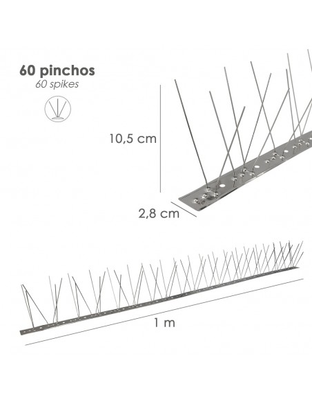 Pincho Anti Palomas / Pajaros 1 Metro Inoxidable Pincho Doble 60 Pinchos. Adaptable a Varias Posiciones