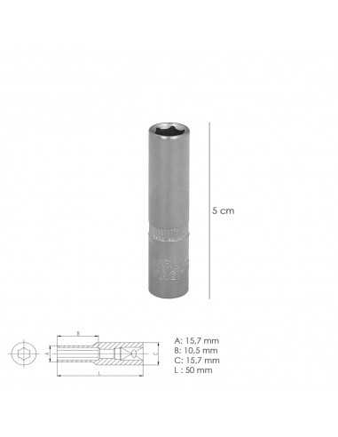Llave Vaso 1/4" Hexagonal Larga 11 mm. Perfil de 6 caras. Acero Cromo Vanadio, Aristas Redondas