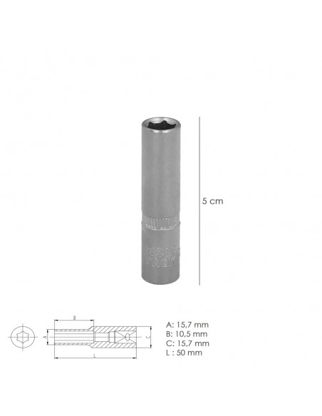 Llave Vaso 1/4" Hexagonal Larga 11 mm. Perfil de 6 caras. Acero Cromo Vanadio, Aristas Redondas